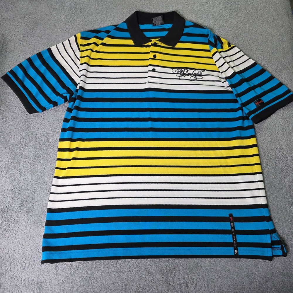 Red Ape Mens XL Polo Shirt Blue Yellow Striped Short Sleeve Embroidered Logo